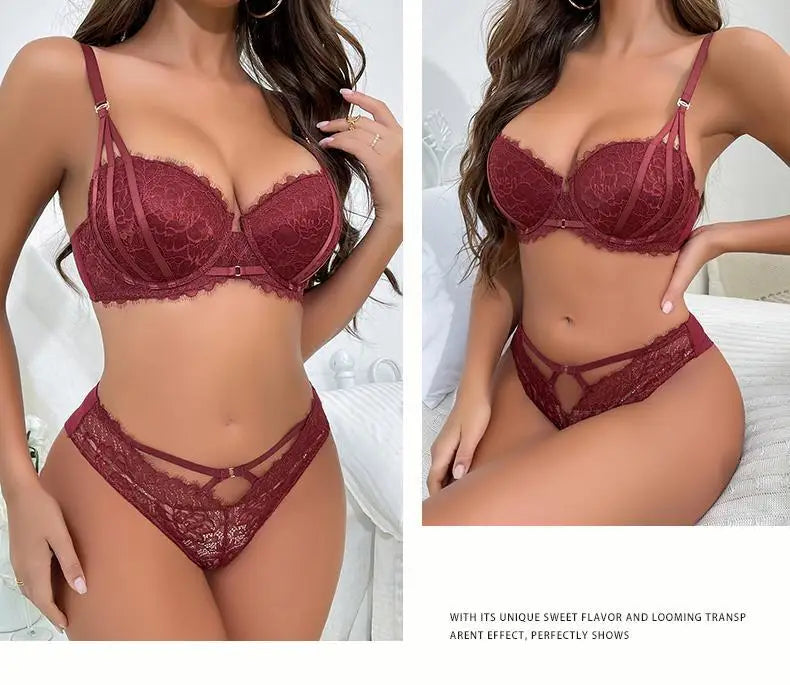 Women's Sexy Lingerie Set Hollow Push-Up Bra with Adjustable Straps Lace Flowers Embroidery Underwear Matching Panties