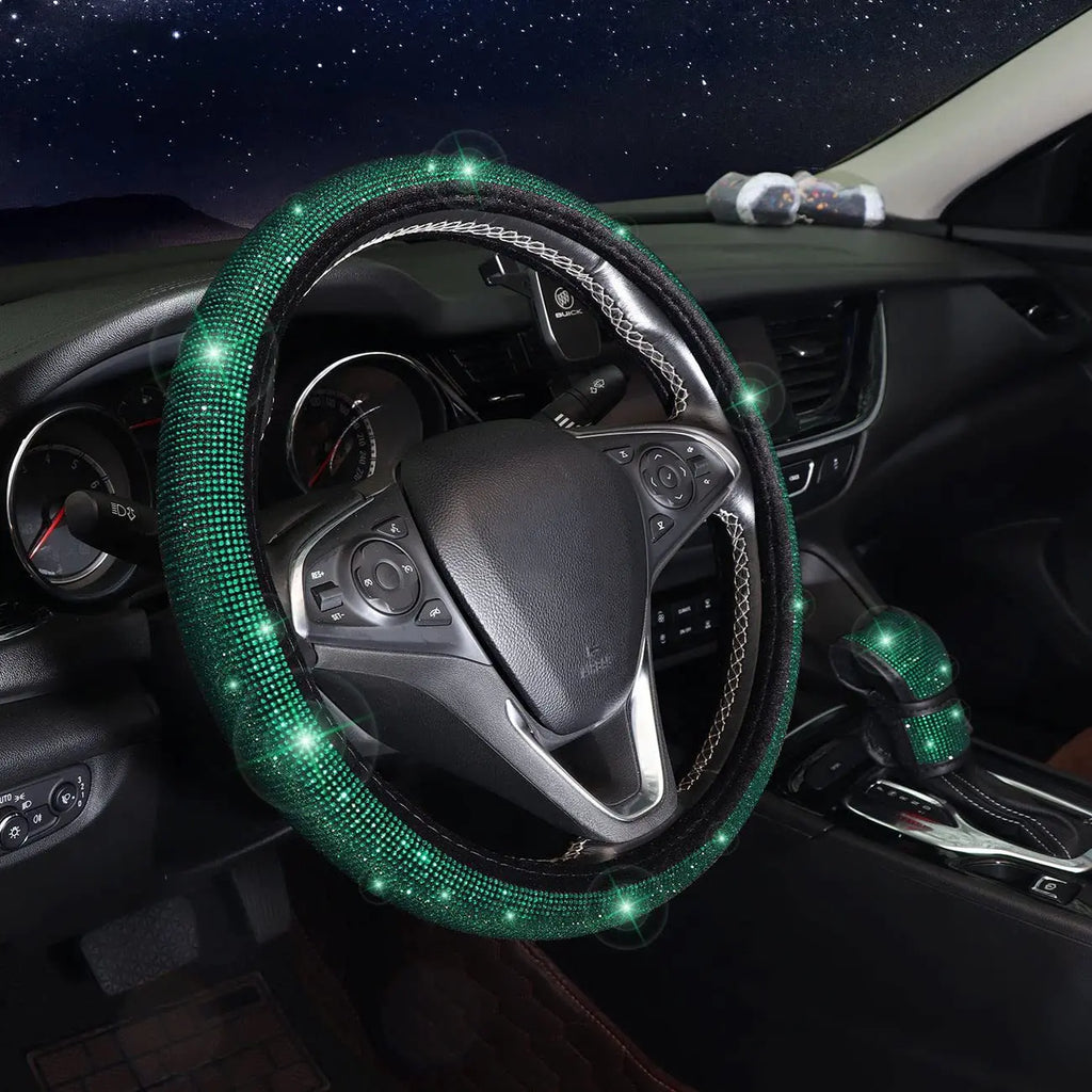 38cm Bling Car Accessories Set For Women Rhinestones Steering Wheel Cover Safety Belt Covers Gear Shift Cover Diamond Cup Pads