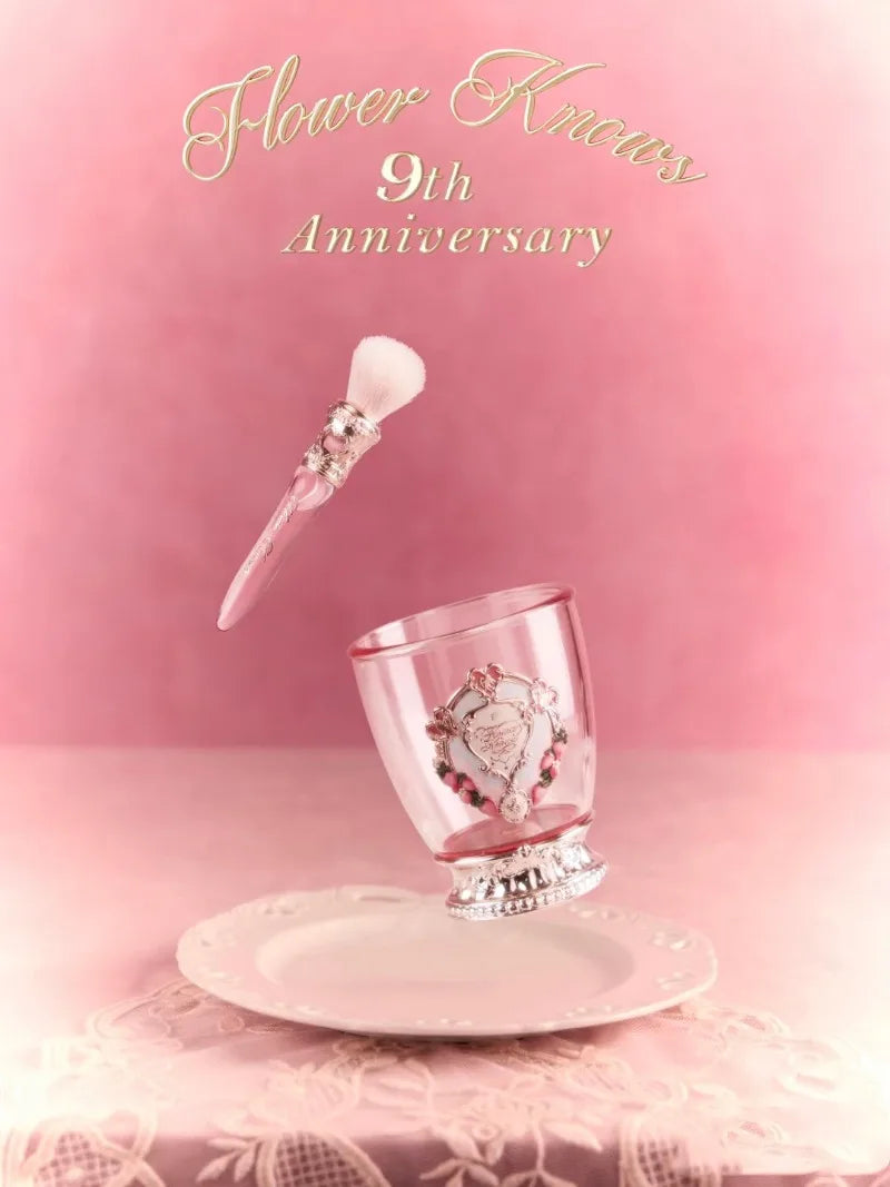 Flower Knows 9th Anniversary 4 Pcs Makeup Set Desktop Vanity Mirror Paddle Brush Air Cushion Comb Brush Holder Blush Brush