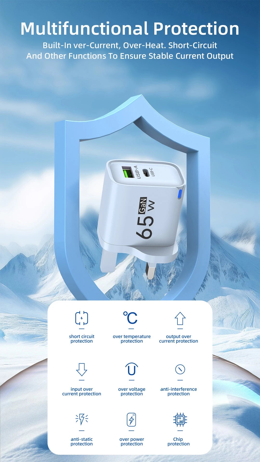 Cargador USB-C 65W Carga Rápida | Compatible iPhone, Samsung y Xiaomi