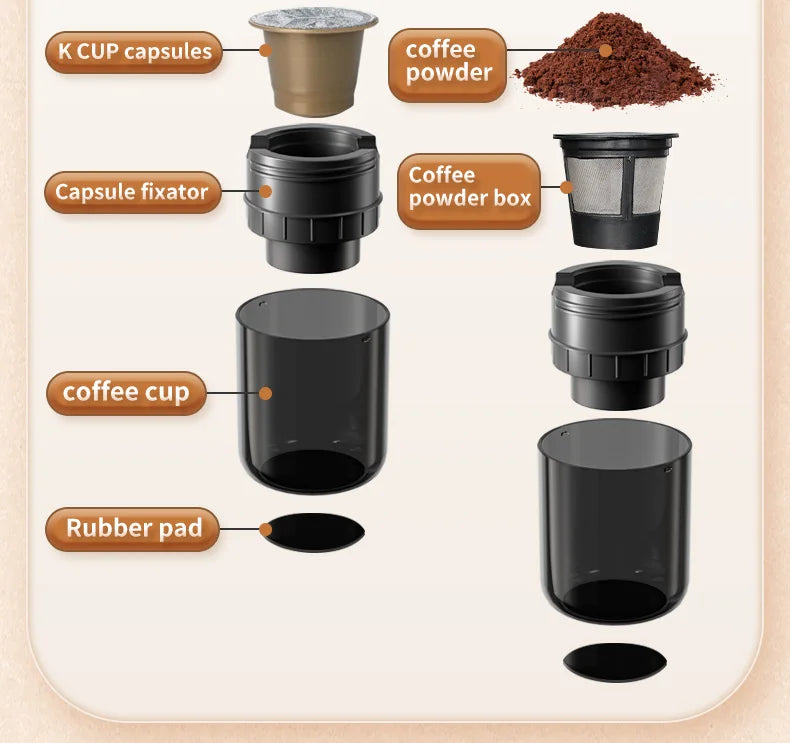Electric Portable Coffee Maker Capsule Grind-and-Brew Compatible with Ground Coffee K-Cup Pods Single Cup Coffee Maker