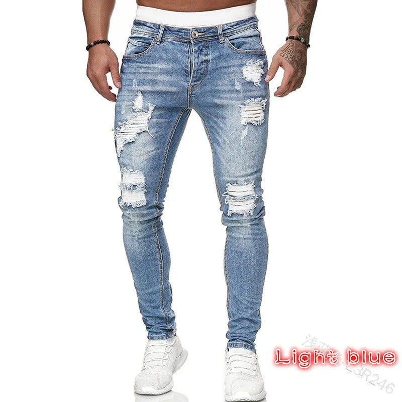 new White Embroidery Jeans Men Cotton Stretchy Ripped Skinny Jeans High Quality Hip Hop Black Hole Slim Fit Oversize Denim Pants