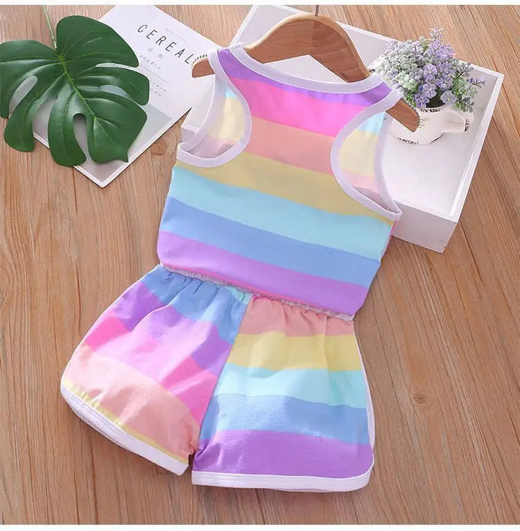 2026 Summer Baby Kids Clothes Sets Cut Striped Cartoon Printed Girls and Boys Vest and Shorts 2 Pieces Sets Children's Outfits