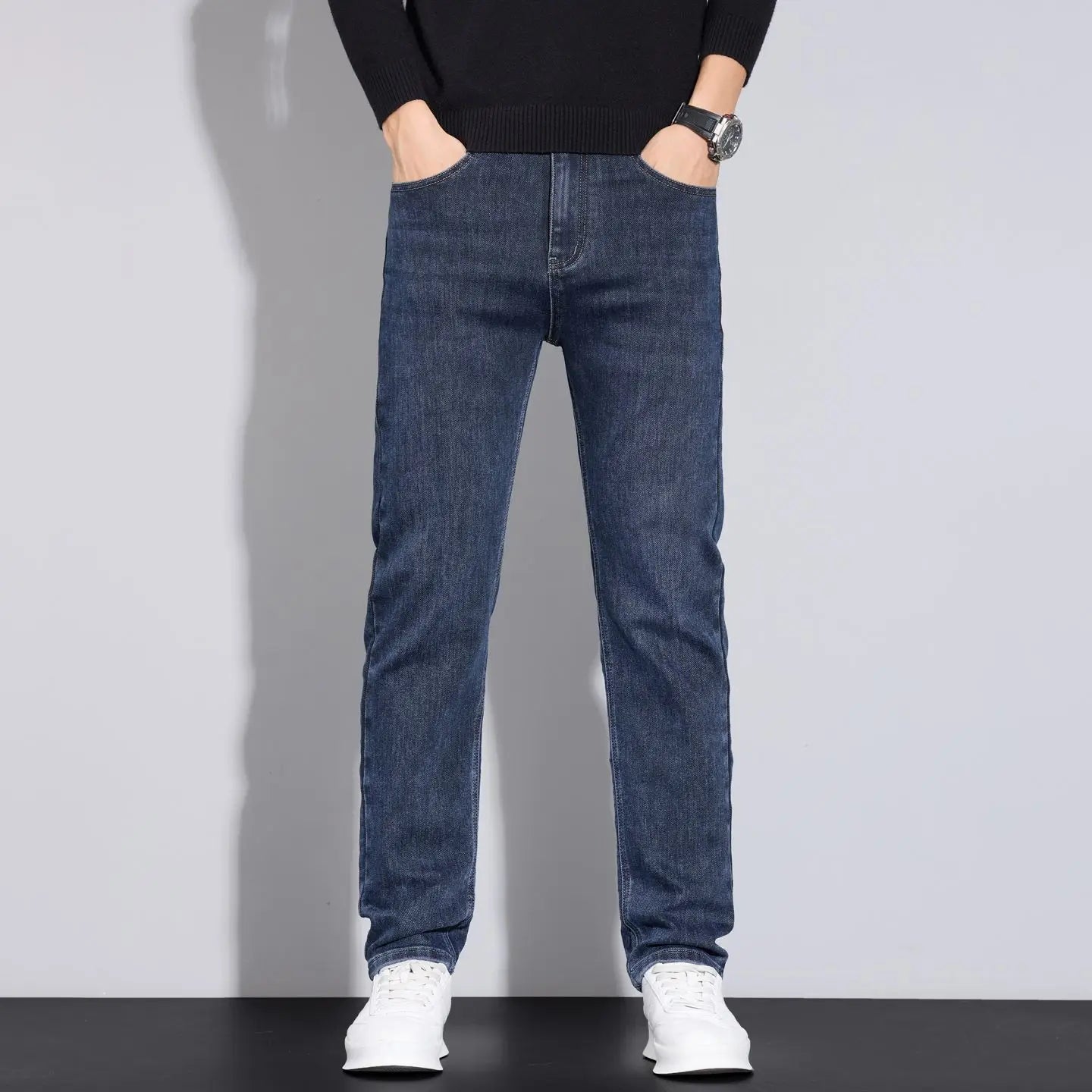 2025 men's fashion business jeans classic style casual elastic slim fit jeans men's denim pants black blue