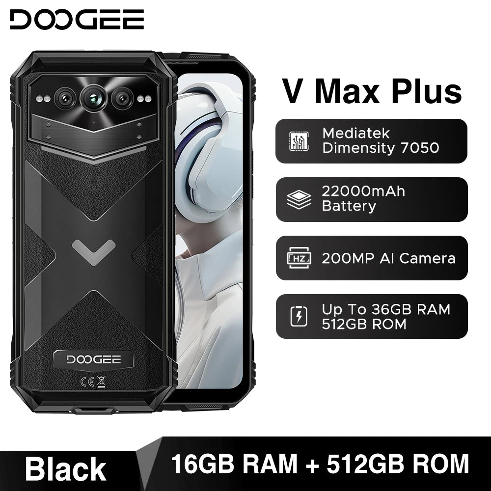 World Premiere DOOGEE V Max Plus Rugged Phone 22000mAh 36GB(16+20) 512GB 200MP Camera Phone 6.58" 120Hz Dimensity 7050 Android14