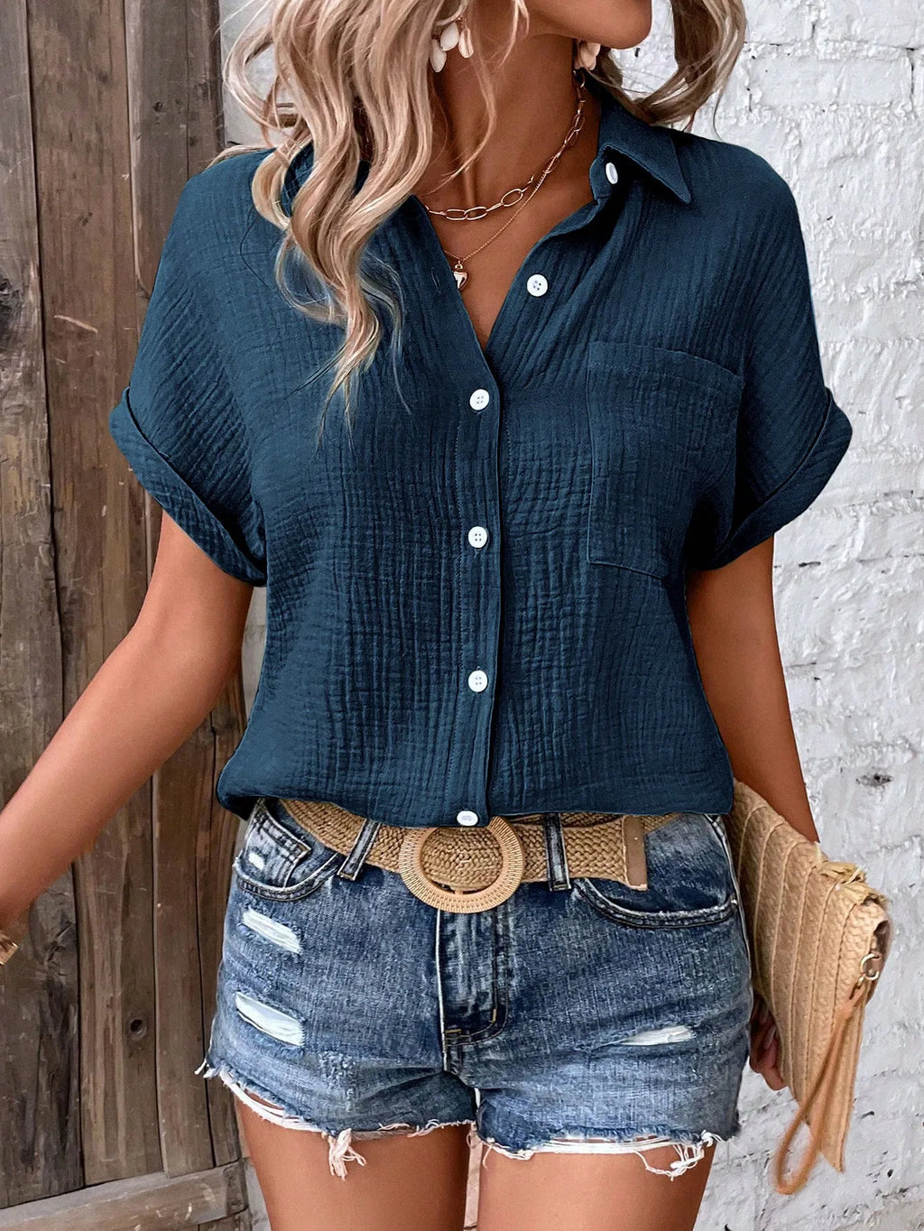 Women Casual Cotton Blouse Vintage Summer Short Sleeve Slim Shirt Elegant Turn Down Collar Solid Tunics Harajuku Streetwear Tops