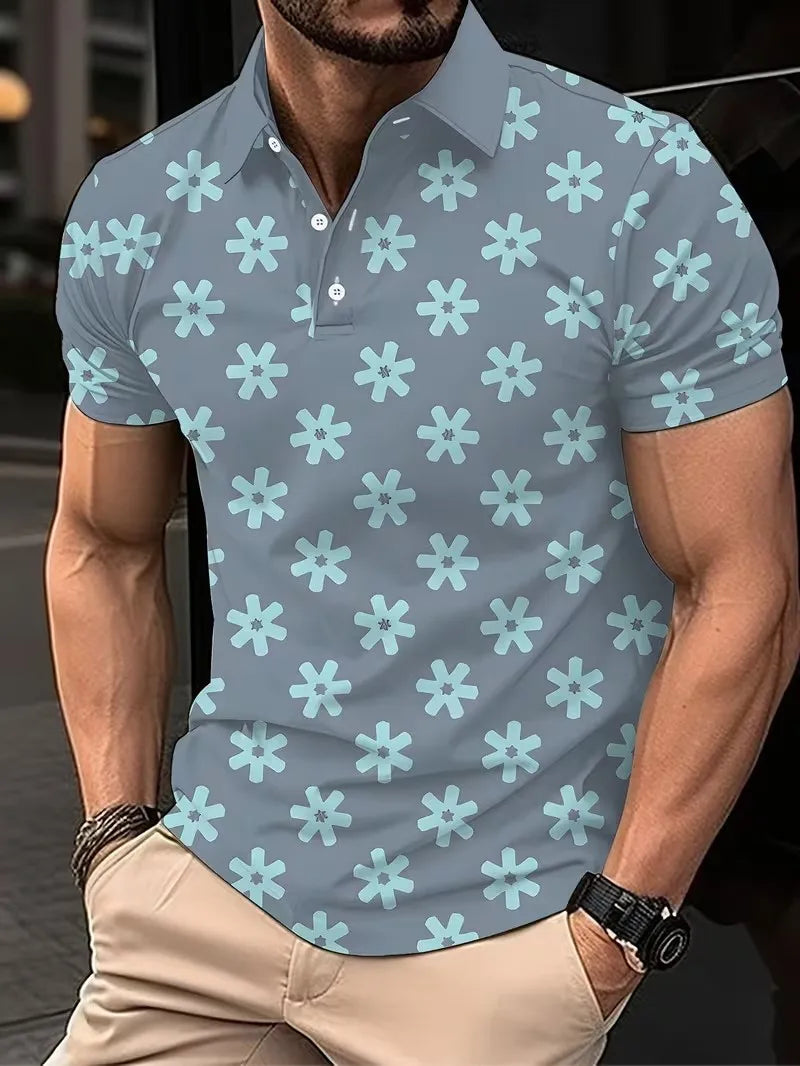 Men's Summer Short Sleeve Polo Shirts, Classic Striped Print Sporty Top, Fashionable Lapel Button-Up Men's Polo Shirts