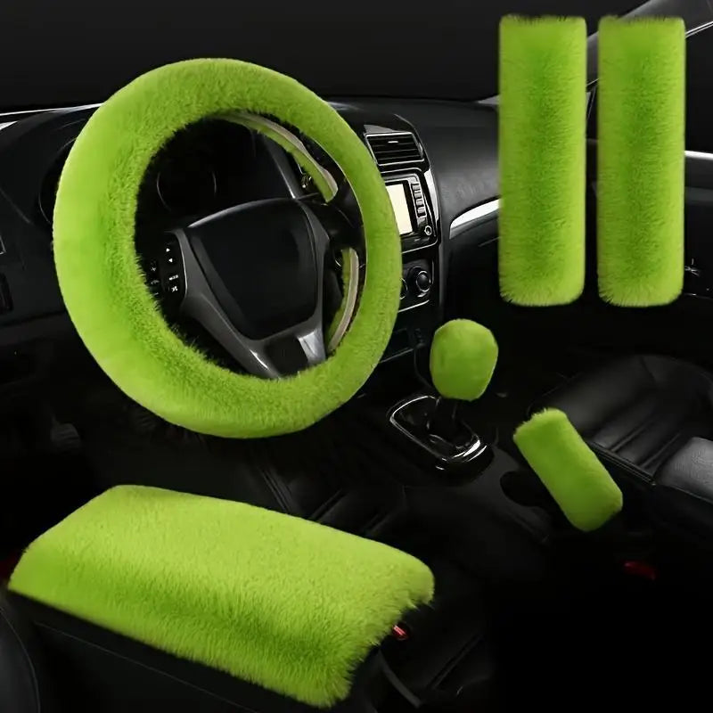 6pcs Soft Plush Steering Wheel Cover Comfort Grip Handbrake&Shift Knob Covers Fit Seat Belt Pads with Stitching Install Vehicles