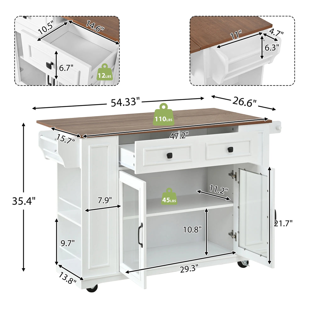 54" Wood Mobile Kitchen Island Cart Glass Doors Power Outlet Open Shelves Rolling Base Towel Spice Racks Eco-Friendly Durable