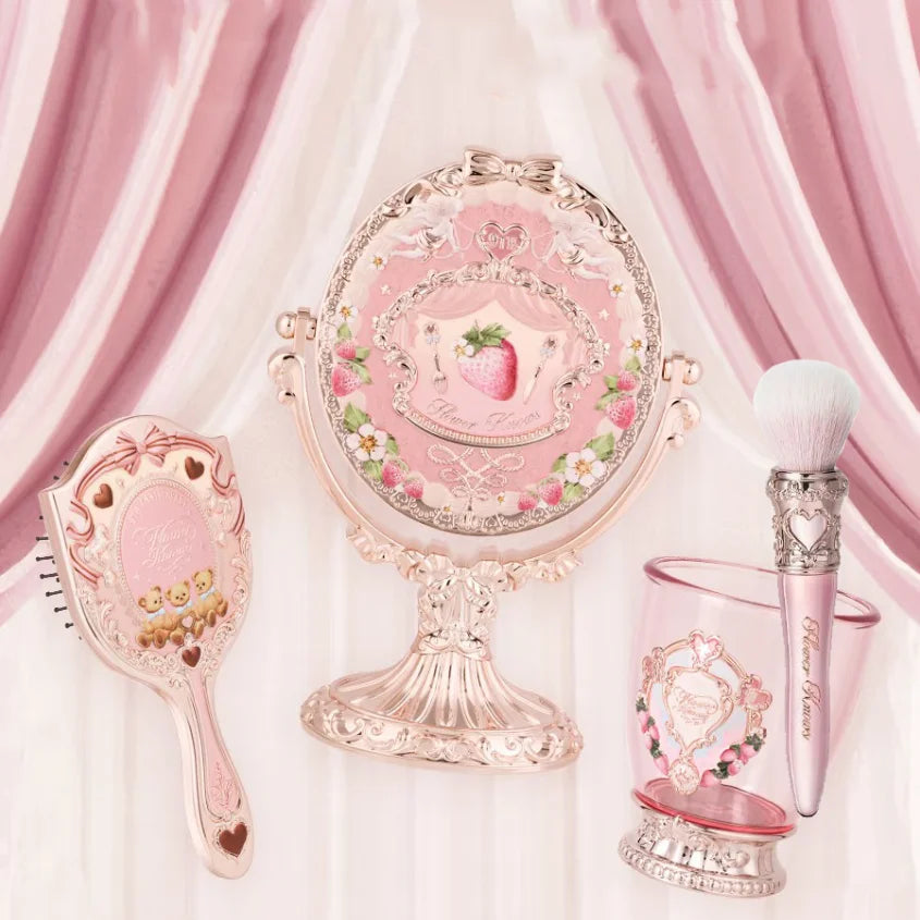 Flower Knows 9th Anniversary 4 Pcs Makeup Set Desktop Vanity Mirror Paddle Brush Air Cushion Comb Brush Holder Blush Brush