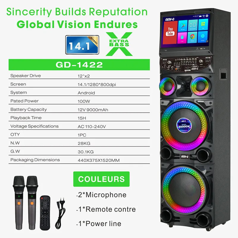GD-1422 Audio KTV Bluetooth Video Outdoor Speaker with Display Screen Microphone All-in-one Machine K-point Singing Microph