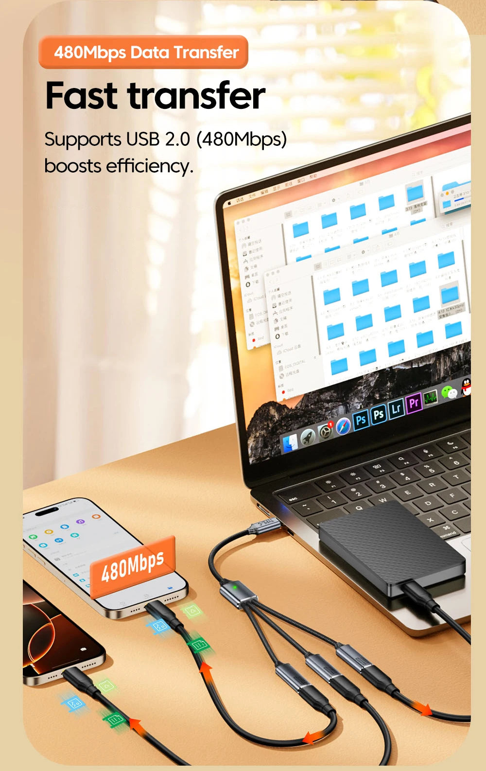 Adaptador Hub USB-C a 3 Puertos USB 2.0 OTG