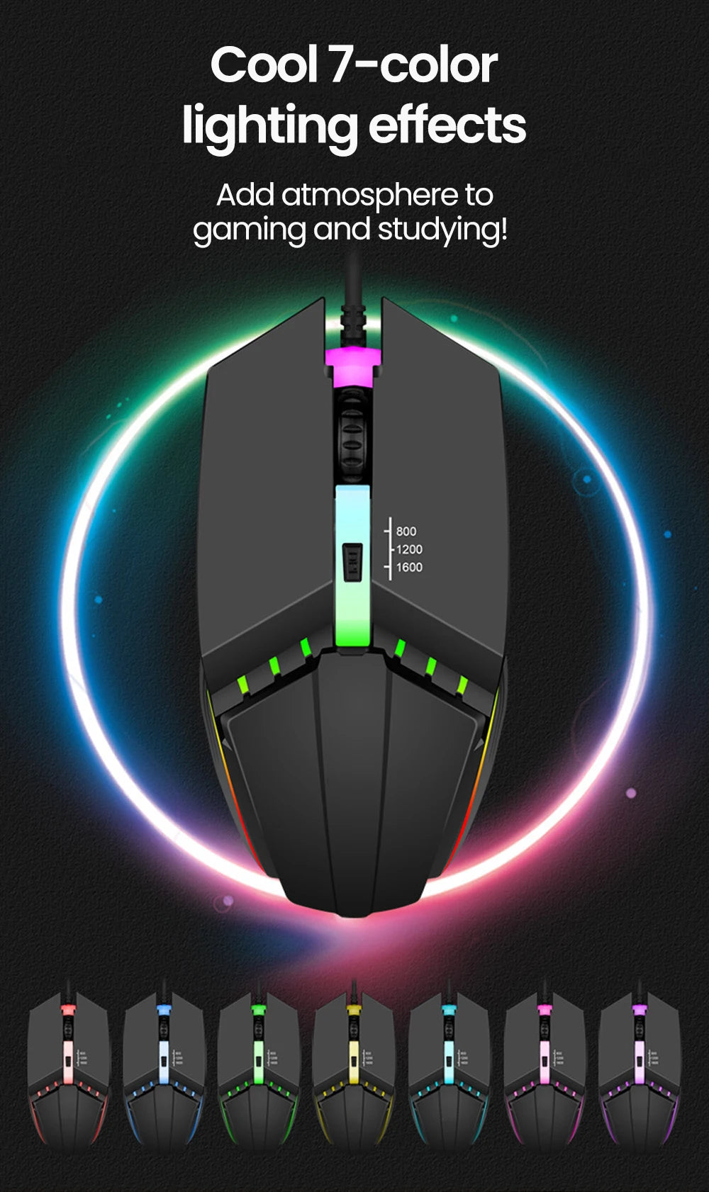 Mouse Gamer USB con LED RGB - Silencioso 1600DPI