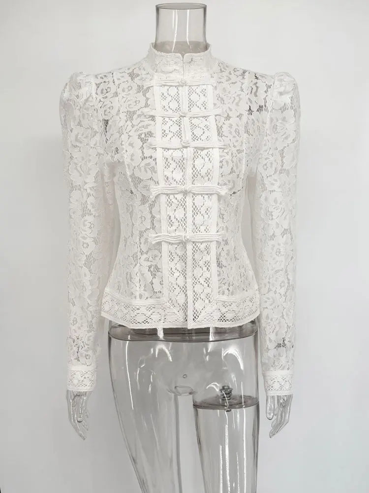 Tossy Summer Lace Printed Shirts Tops Female Hollow Out Fashion Commute Vintage See-Through Blouse Women's Lace Shrug Shirts New