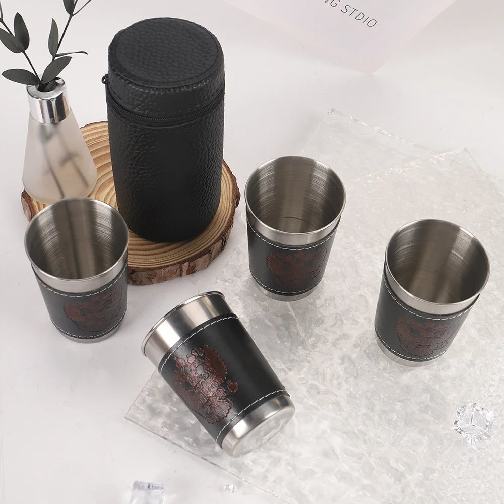 4pcs/set Outdoor Travel Cups Set Camping Tableware Stainless Steel Cup with PU Leather Portable Coffee Wine Beer Whisky Cup
