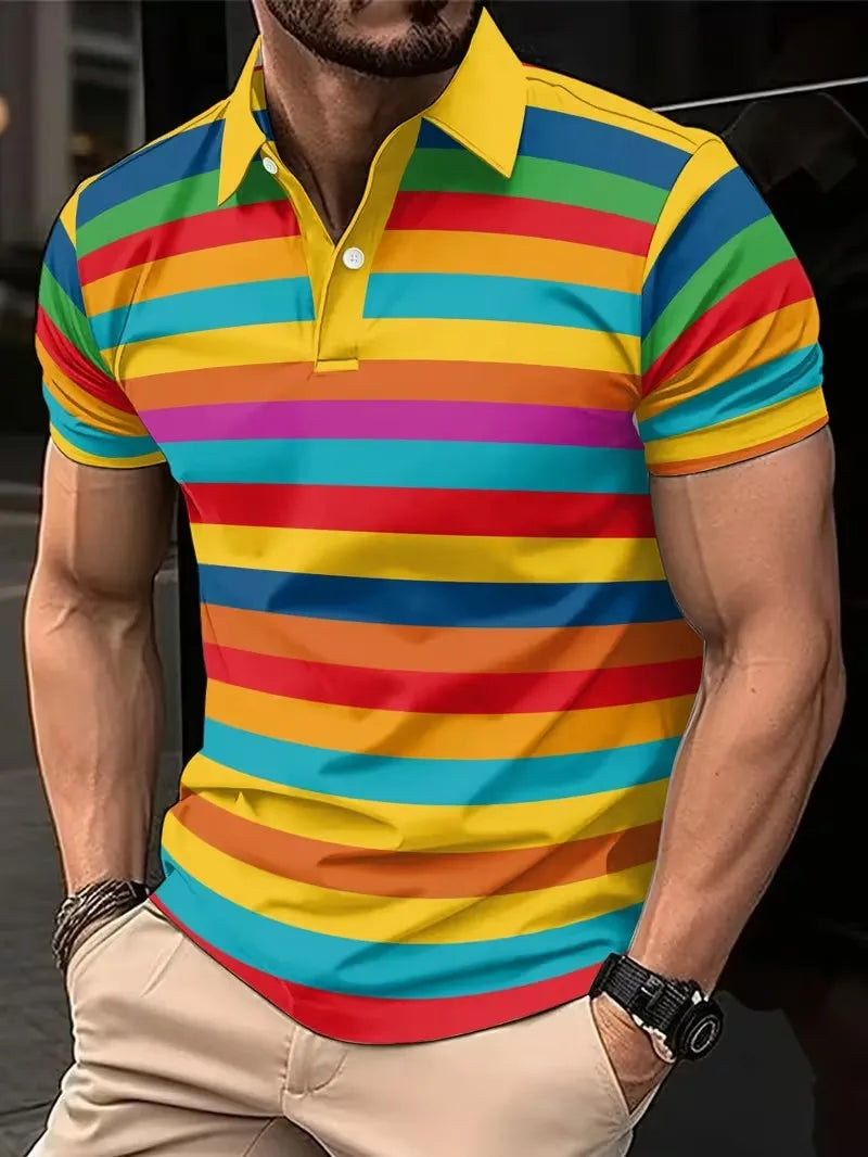 Men's Summer Short Sleeve Polo Shirts, Classic Striped Print Sporty Top, Fashionable Lapel Button-Up Men's Polo Shirts