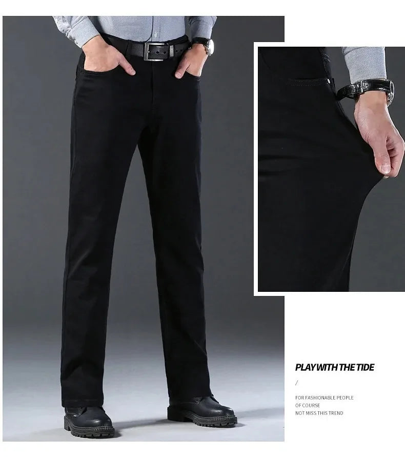 2026 Summer Spring New Men's Pure Black Slim Jeans Elastic Straight Pants BusinessLeisure Korean Vintage Denim Pants Male