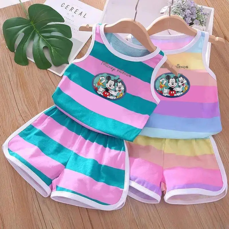 2026 Summer Baby Kids Clothes Sets Cut Striped Cartoon Printed Girls and Boys Vest and Shorts 2 Pieces Sets Children's Outfits
