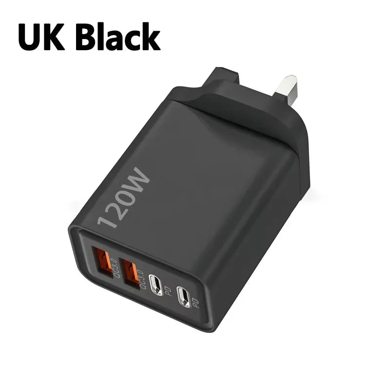 Cargador 4 Puertos 120W USB-C | Carga Rápida QC3.0 - iPhone, Samsung y Xiaomi