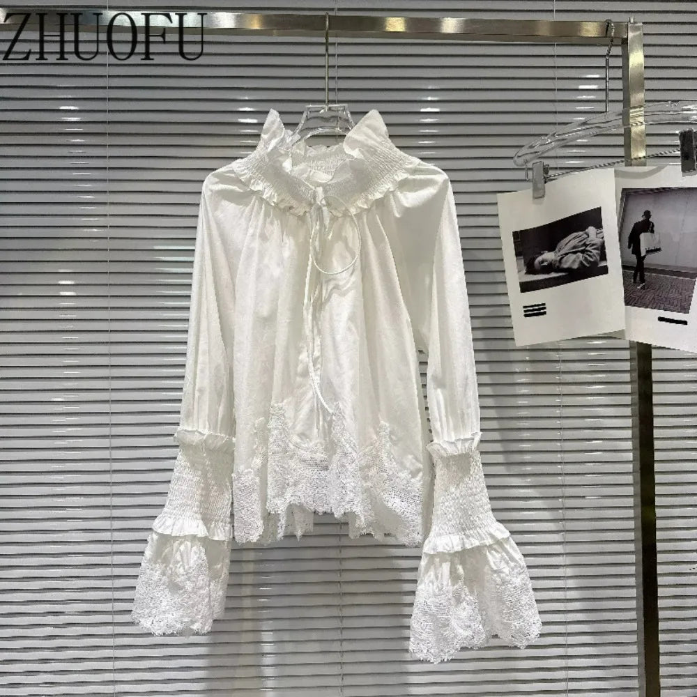 2026 Autumn New Women's Clothing French Design White Temperament Sweet Lace Strap Turtleneck Horn Sleeve Versatile Shirts Ladies