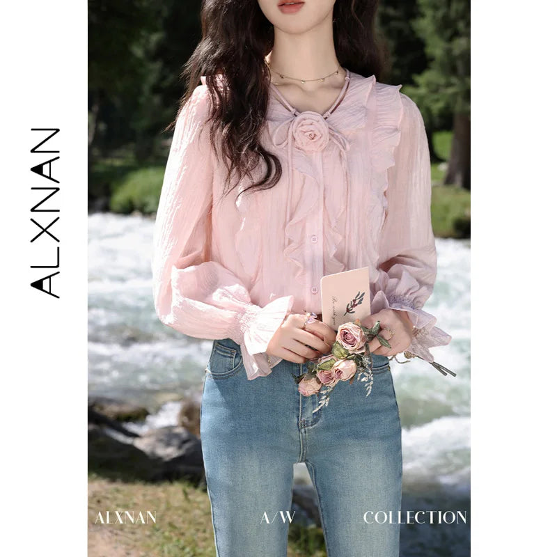 ALXNAN French Style Women's Pink Shirt Autumn V-neck With Detachable 3D Flowers Full Long Sleeves Elastic Cuffs Shirts VL39307