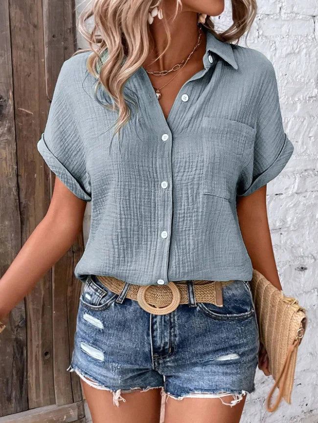 Women Casual Cotton Blouse Vintage Summer Short Sleeve Slim Shirt Elegant Turn Down Collar Solid Tunics Harajuku Streetwear Tops