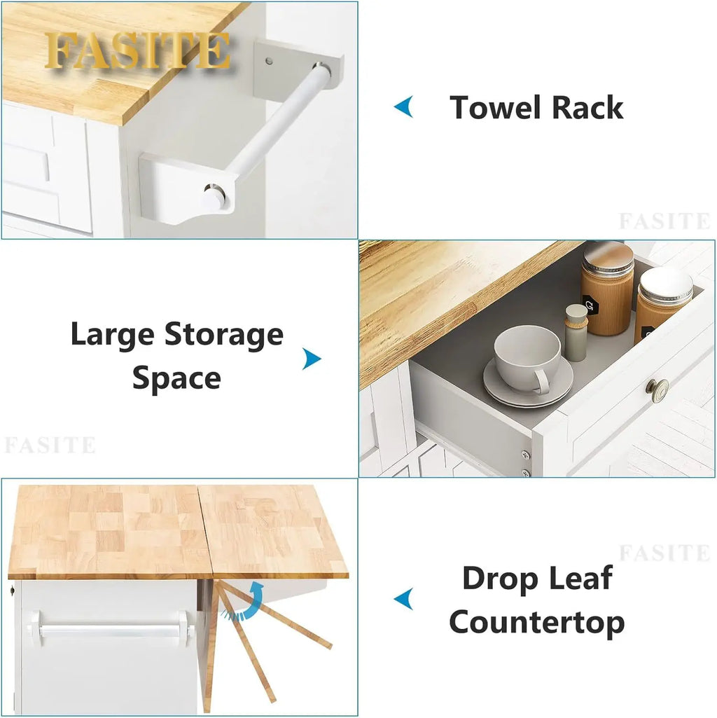 Movable Kitchen Carts on Wheels Island with Storage Cabinet, Island Table for Kitchen with Rubber Wood Top and Rack and Drawers