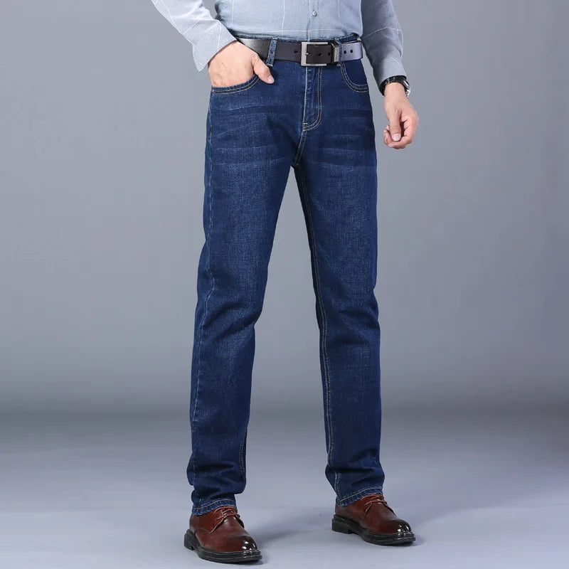 2025 men's fashion business jeans classic style casual elastic slim fit jeans men's denim pants black blue