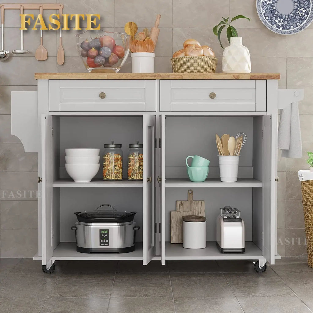 Movable Kitchen Carts on Wheels Island with Storage Cabinet, Island Table for Kitchen with Rubber Wood Top and Rack and Drawers