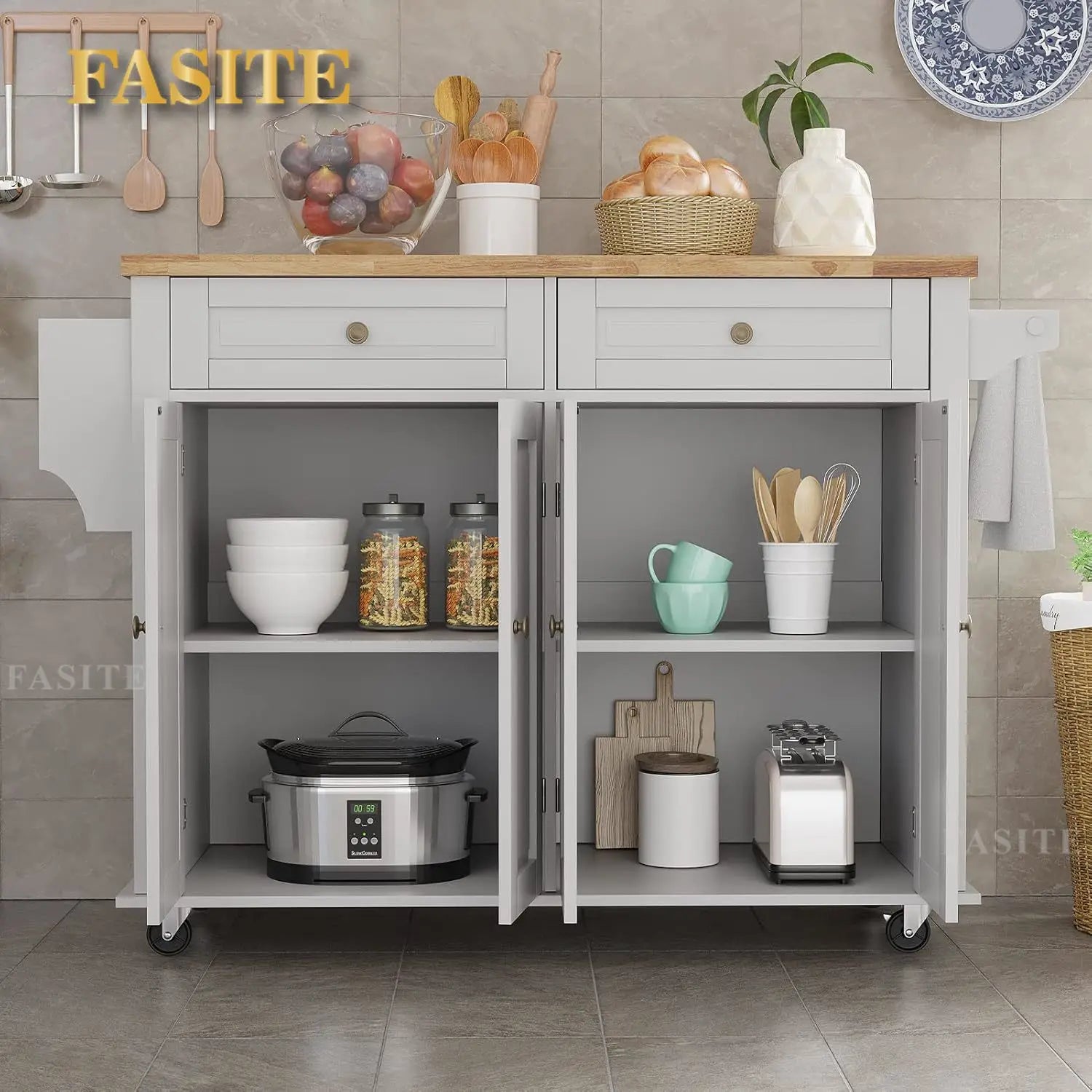 Movable Kitchen Carts on Wheels Island with Storage Cabinet, Island Table for Kitchen with Rubber Wood Top and Rack and Drawers