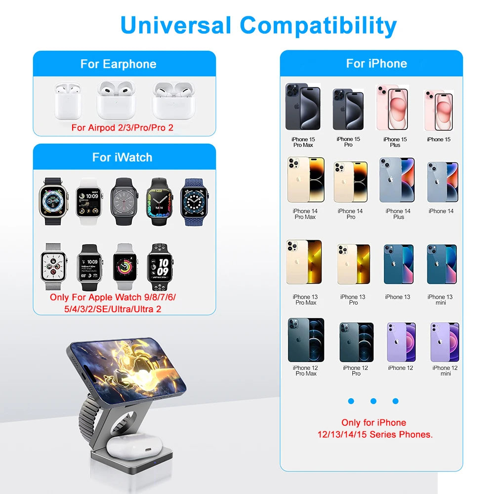 3 in 1 Magnetic Wireless Charger for iPhone Foldable Fast Wireless Charging Station for iPhone 16 15 14 13 12 Charger Stand