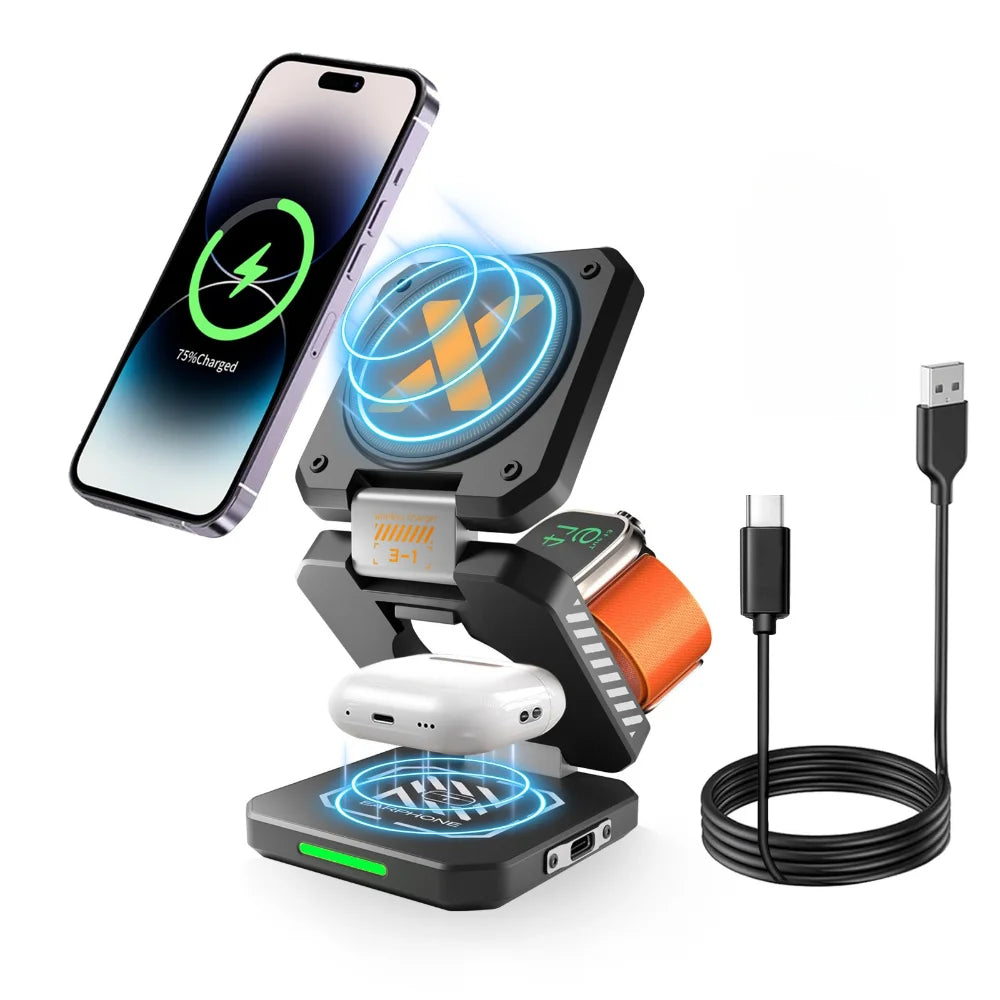 Desktop Foldable 3‑in‑1 Magnetic Wireless Charger Fast Charging Dock Station for Magsafe iPhone 17~12 Apple Watch 9 Airpods Pro