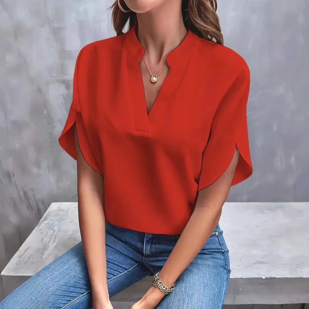 VEITCHE Summer Women Casual Solid Blouse Women Fashion V-neck Half Sleeve Shirts Office Elegant Pullover Loose Blusas Tops