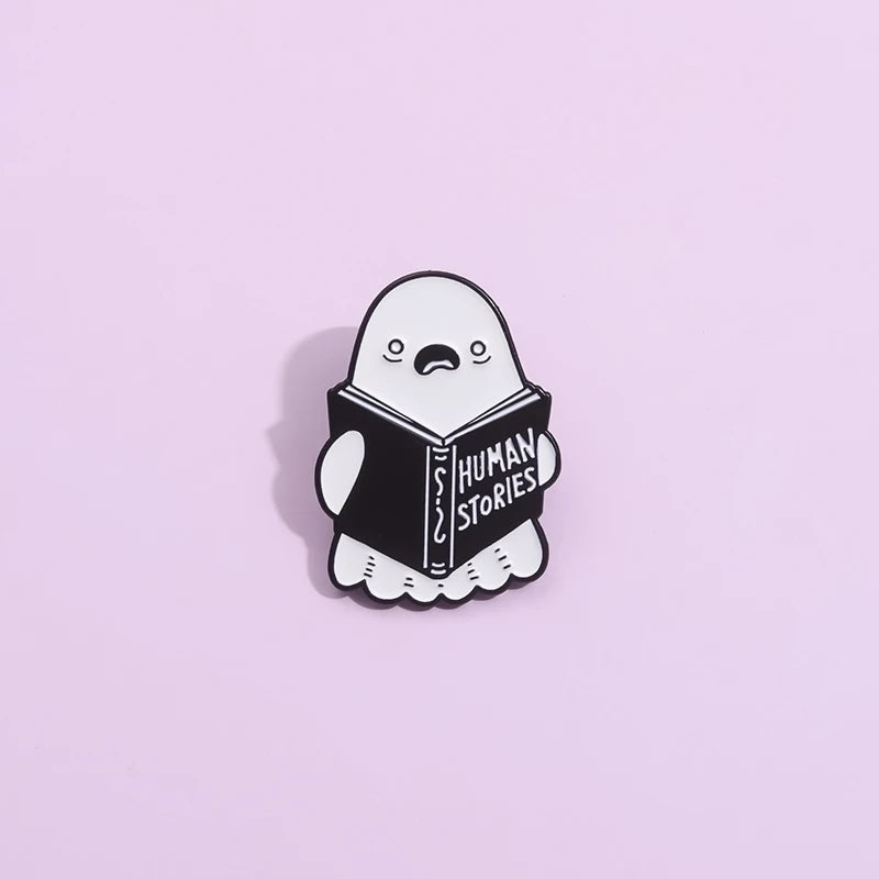 Cartoon Ghost Boo Enamel Pins Human Stories Book Creative Brooches Halloween Backpack Clothes Lapel Badge Gift for Kids Friends