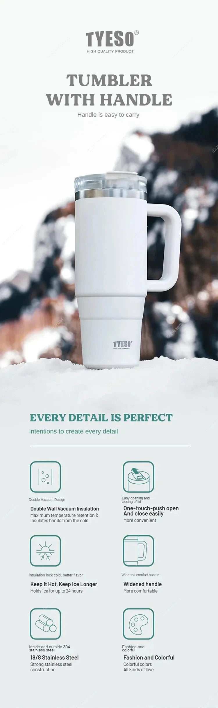 Tyeso 900ml/1200ml Big Capacity Thermal Mug Stainless Steel Insulated Water Bottle with Straw Outdoor Travel Car Tumbler