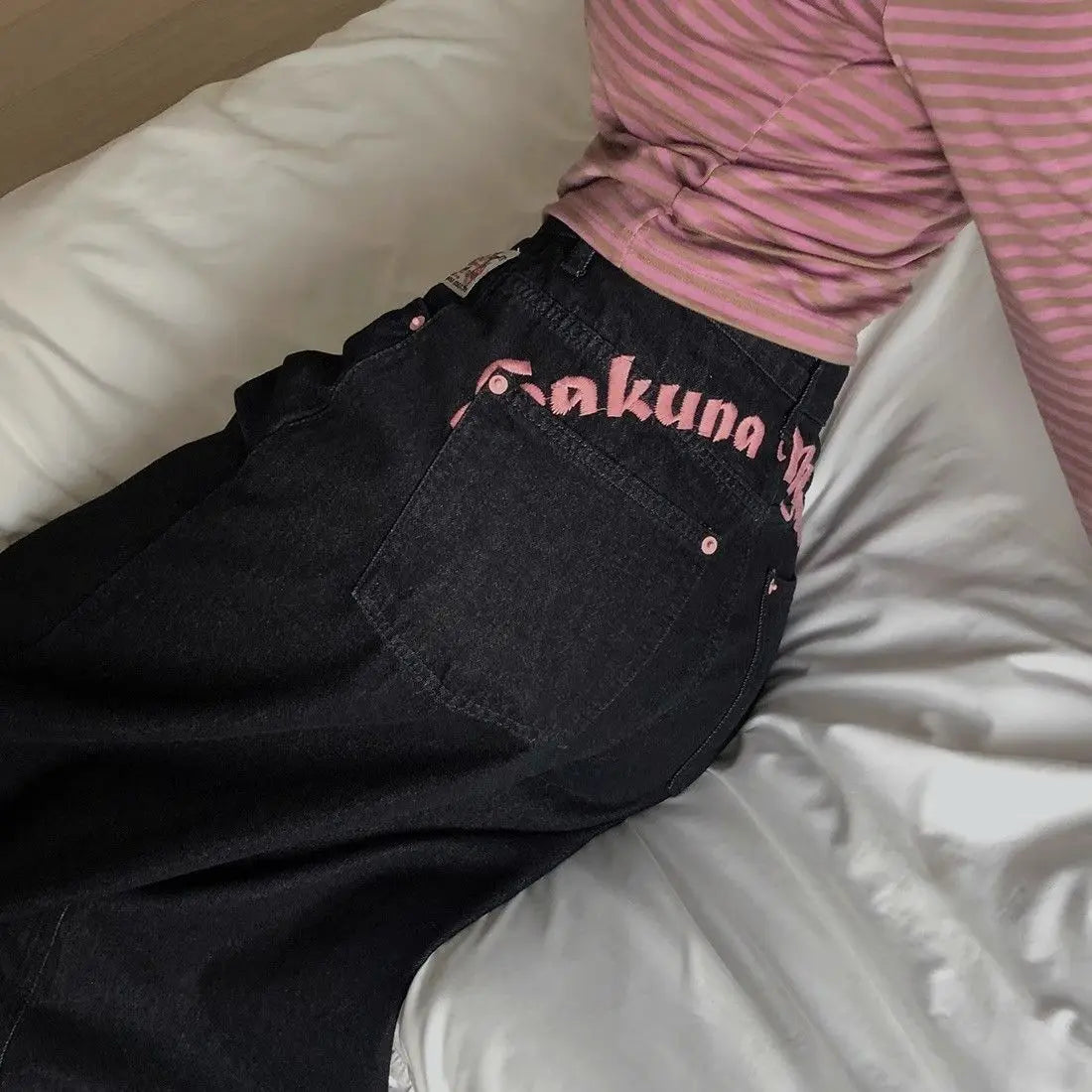 Women's Sweet Casual Full Length Baggy Denim Trouser Retro Emo Harajuku Loose Jeans Letter Embroidery High Waist Y2K 2000s Pants