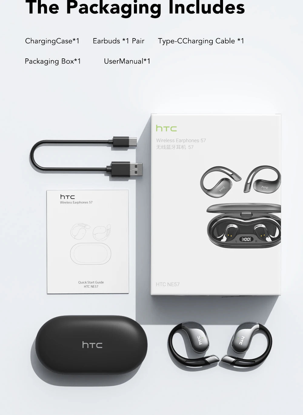 【HTC NE57】 Bluetooth V6.0 Earphones AI Translator Earbuds OWS Sport Wireless Headphones Comfort Earhooks Long Life with Mic