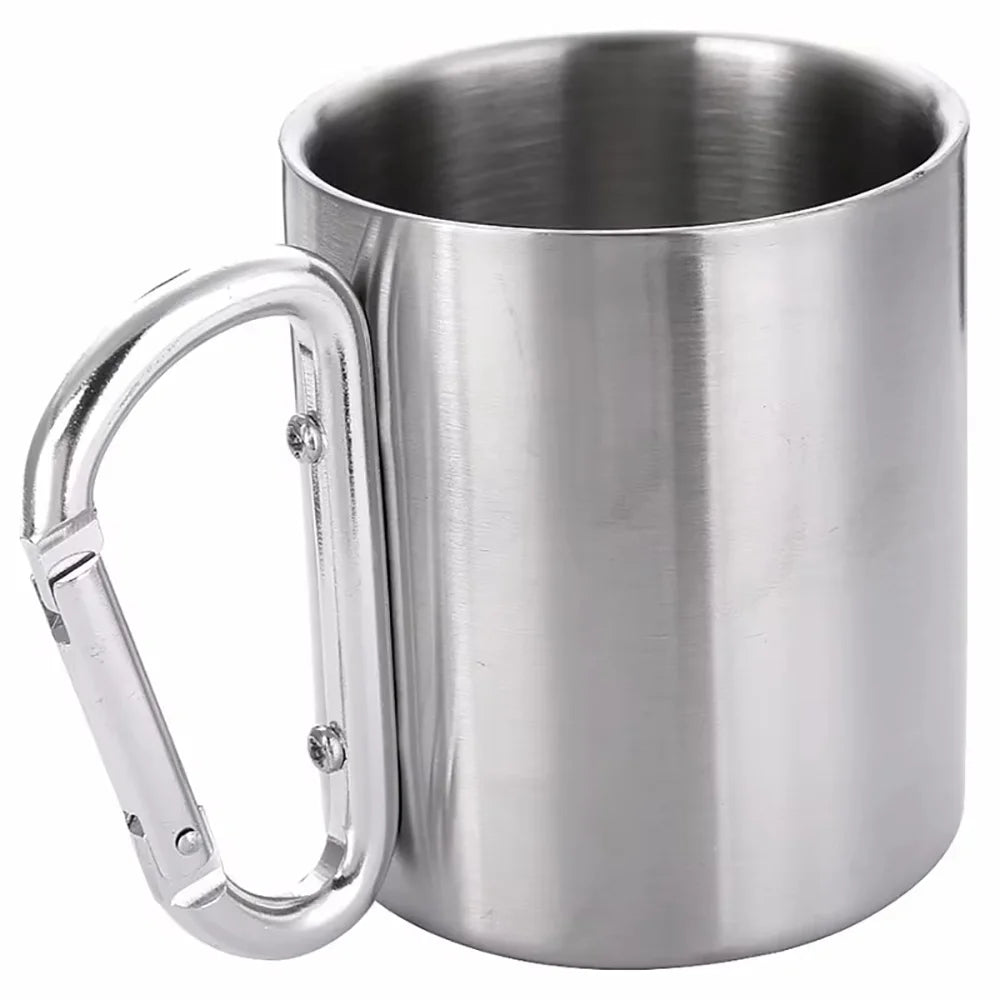 1PCS Portable Stainless Steel Camping Cup with Carabiner Clip, Lightweight Travel Mug for Hiking Backpacking Outdoor (201 Grade)