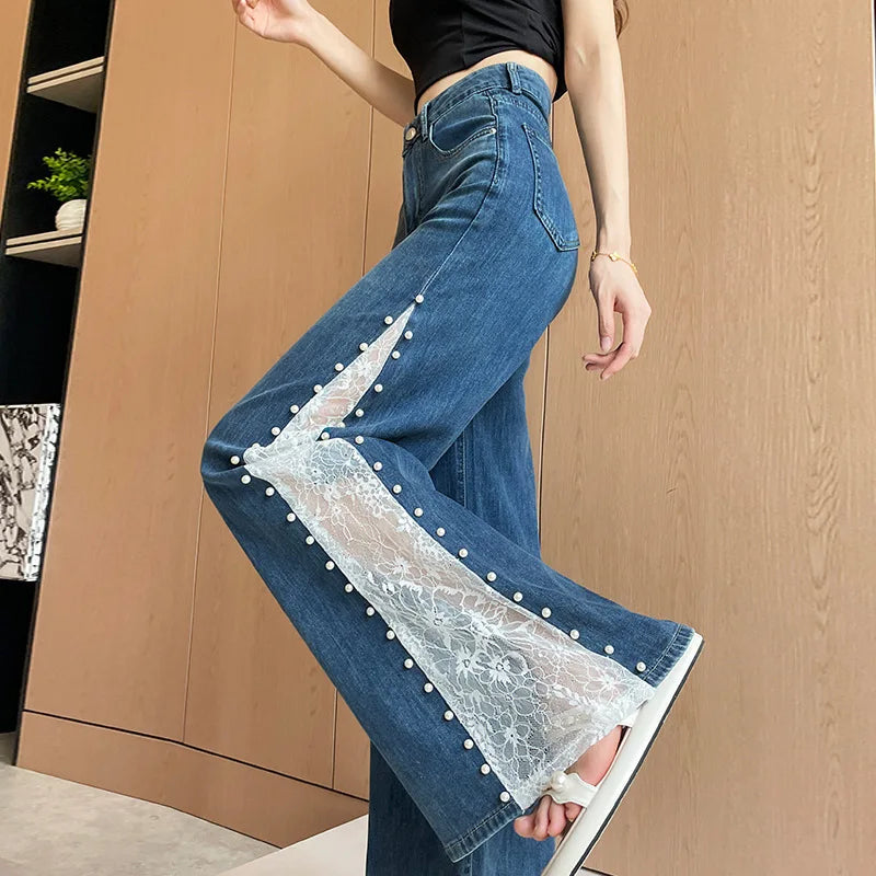 Women's High Waist Lace Stitching Beaded Wide Leg Jeans Summer Stretch Floor Length Pants