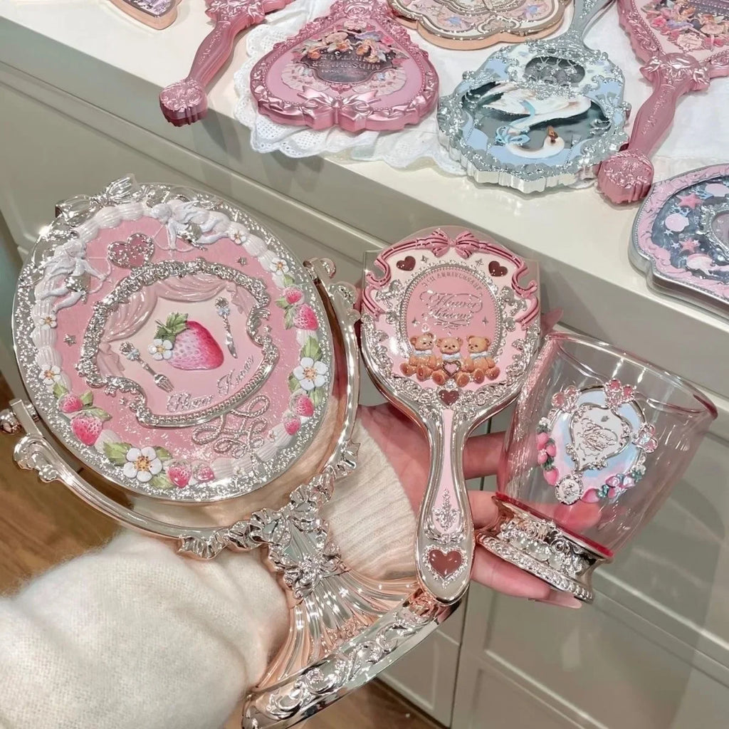 Flower Knows 9th Anniversary 4 Pcs Makeup Set Desktop Vanity Mirror Paddle Brush Air Cushion Comb Brush Holder Blush Brush
