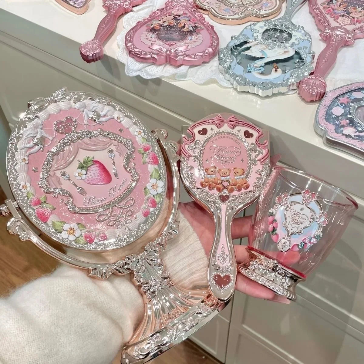 Flower Knows 9th Anniversary 4 Pcs Makeup Set Desktop Vanity Mirror Paddle Brush Air Cushion Comb Brush Holder Blush Brush