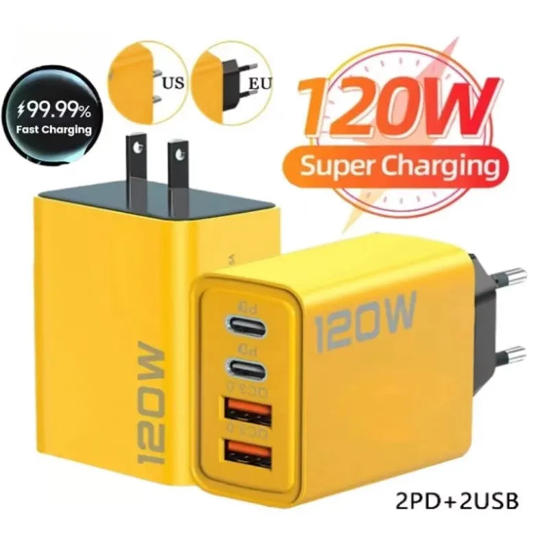 Cargador 4 Puertos 120W USB-C | Carga Rápida QC3.0 - iPhone, Samsung y Xiaomi