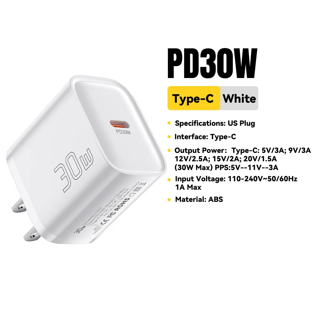 Cargador Mini USB-C 30W | Compacto y Potente - Compatible iPhone y Samsung