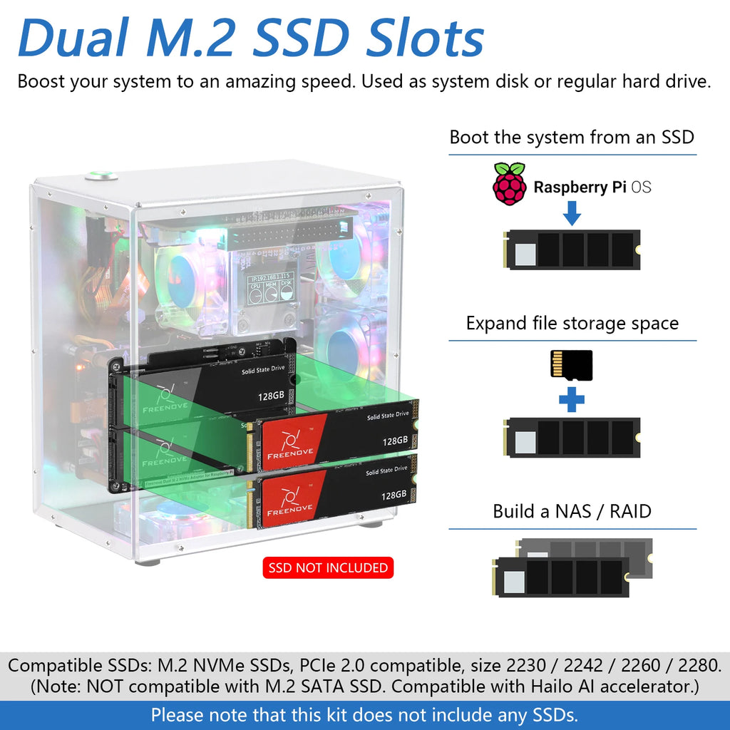 Freenove Raspberry Pi 5 Case Kit Pro, 1/2 M.2 NVMe SSD Slots, 5 PWM ARGB Fans, 0.96" OLED Screen, Stereo Speakers, 3.5 mm Audio