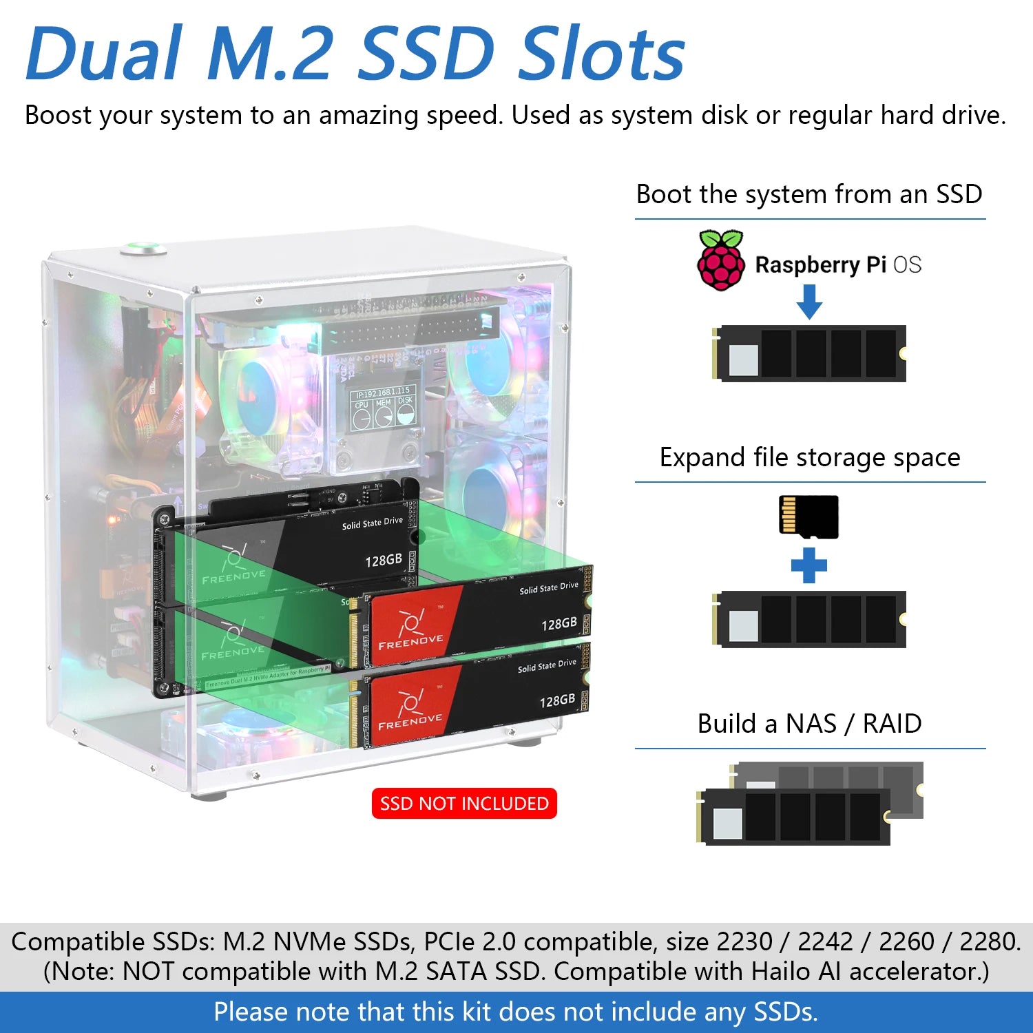 Freenove Raspberry Pi 5 Case Kit Pro, 1/2 M.2 NVMe SSD Slots, 5 PWM ARGB Fans, 0.96" OLED Screen, Stereo Speakers, 3.5 mm Audio