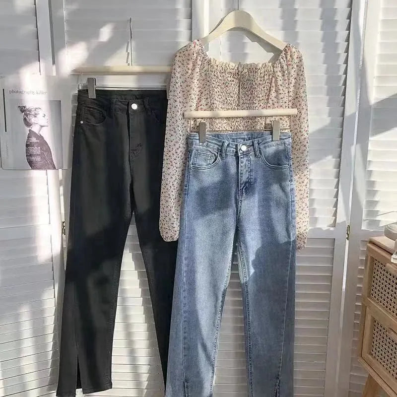 Women's High Waist Wide Leg Jeans Asymmetric Split Hem Vintage Washed Denim Pants Loose Fit