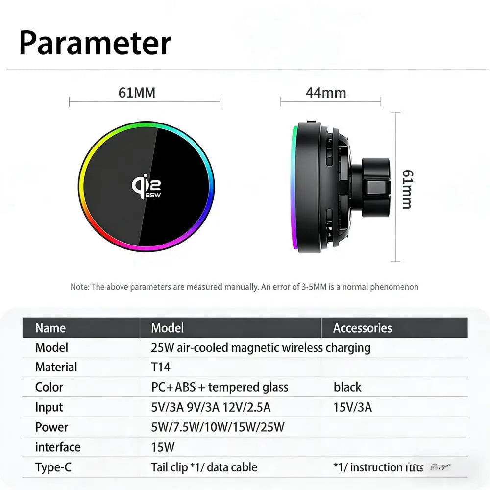 25W Qi2 Magnetic Car Phone Charger Holder with RGB Light Air Vent Mount with Fast Charging & Cooling for iPhone 17 Pro Max