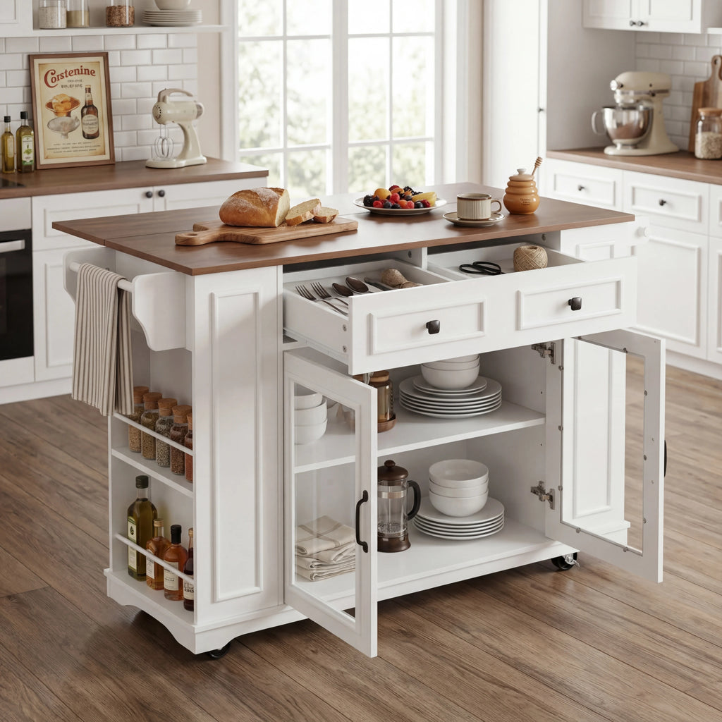 54" Wood Mobile Kitchen Island Cart Glass Doors Power Outlet Open Shelves Rolling Base Towel Spice Racks Eco-Friendly Durable