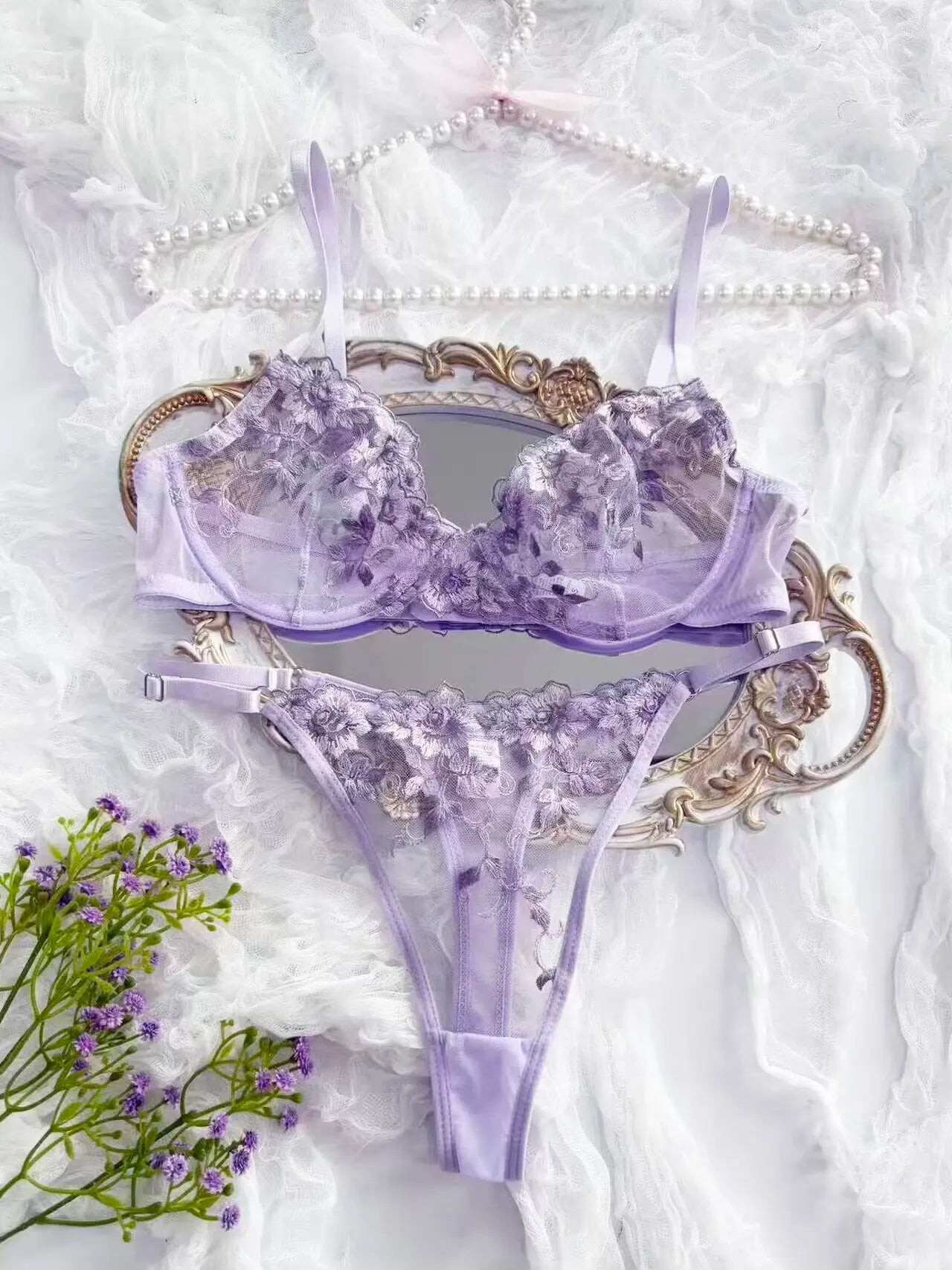 Lavender Floral Sheer Lace 2-Piece Lingerie Set, Underwire Push Up Bra & Adjustable Metal Buckle Low Rise Thong Panties