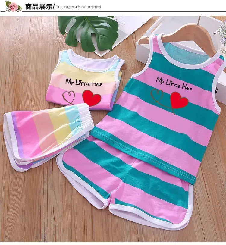 2026 Summer Baby Kids Clothes Sets Cut Striped Cartoon Printed Girls and Boys Vest and Shorts 2 Pieces Sets Children's Outfits